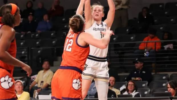 Cameron Swartz shooting a 3-pointer vs Clemson